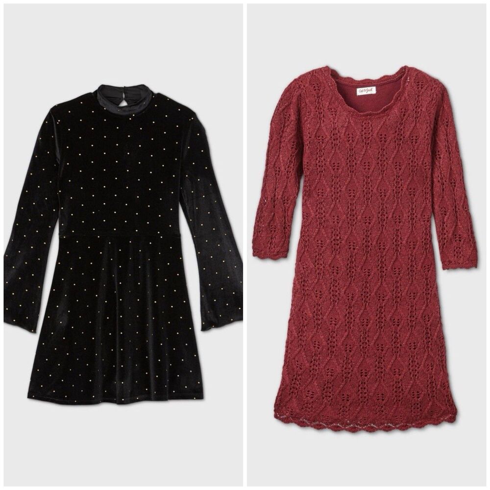Cat & Jack Girls Art Class Red Velvet Black Crochet Knit Lined Sweater Dress S